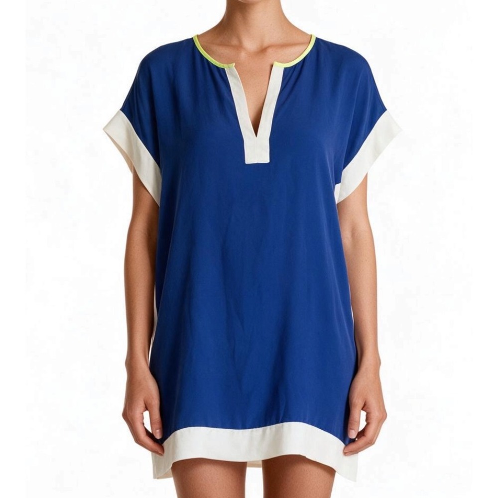 NWT J Crew Beach Tunic Top COLORBLOCK Royal Blue White LIME GREEN TRIM Chiffon S